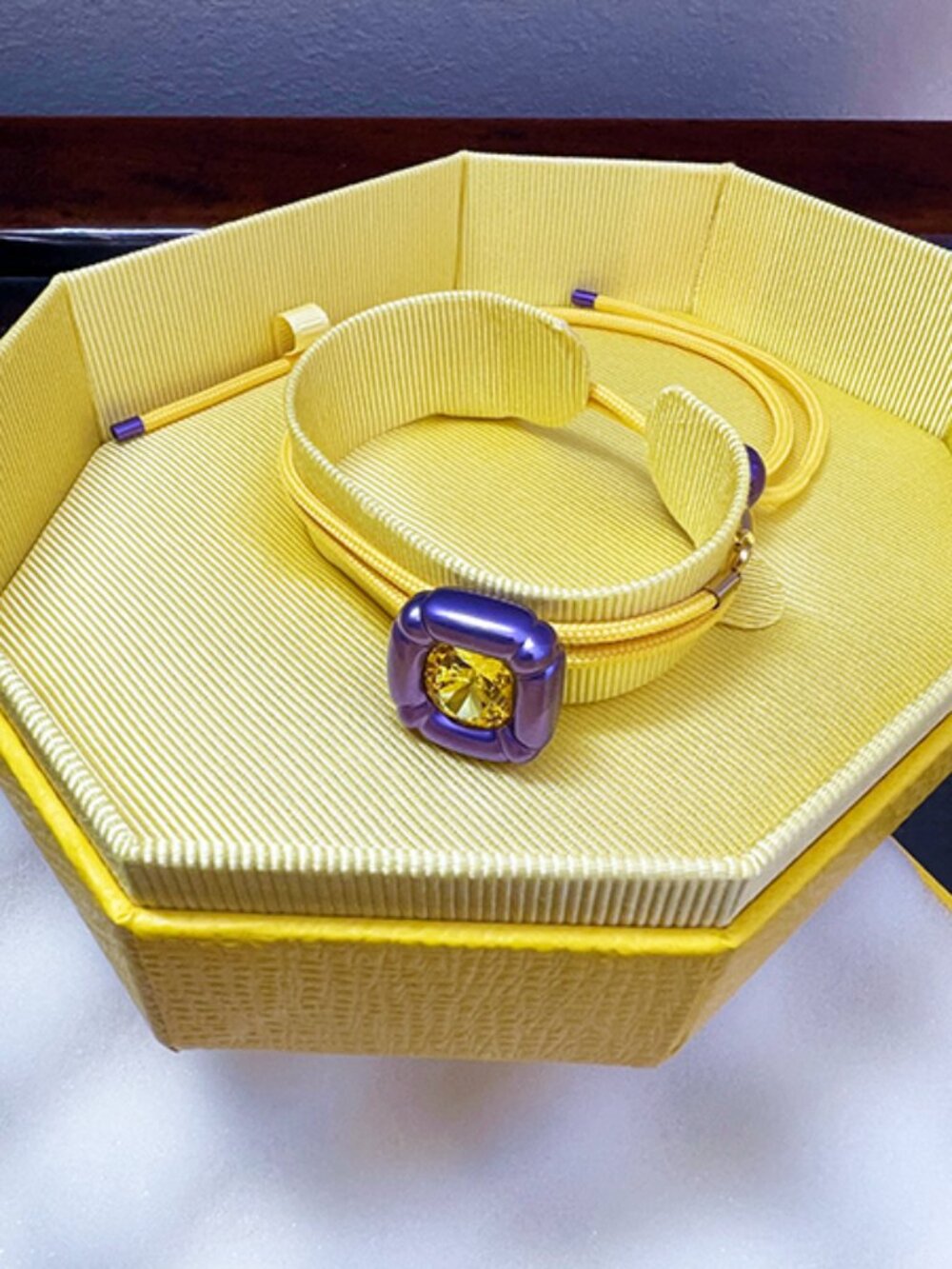 Swarovski Dulcis Necklace | Yellow & Purple Cushion Setting, Yellow Cord #2